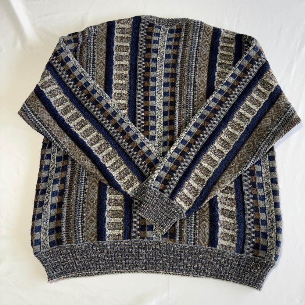 Norm Thompson Knit Sweater XL Blue Grey Geometric Made in Italy Crewneck - Picture 10 of 10
